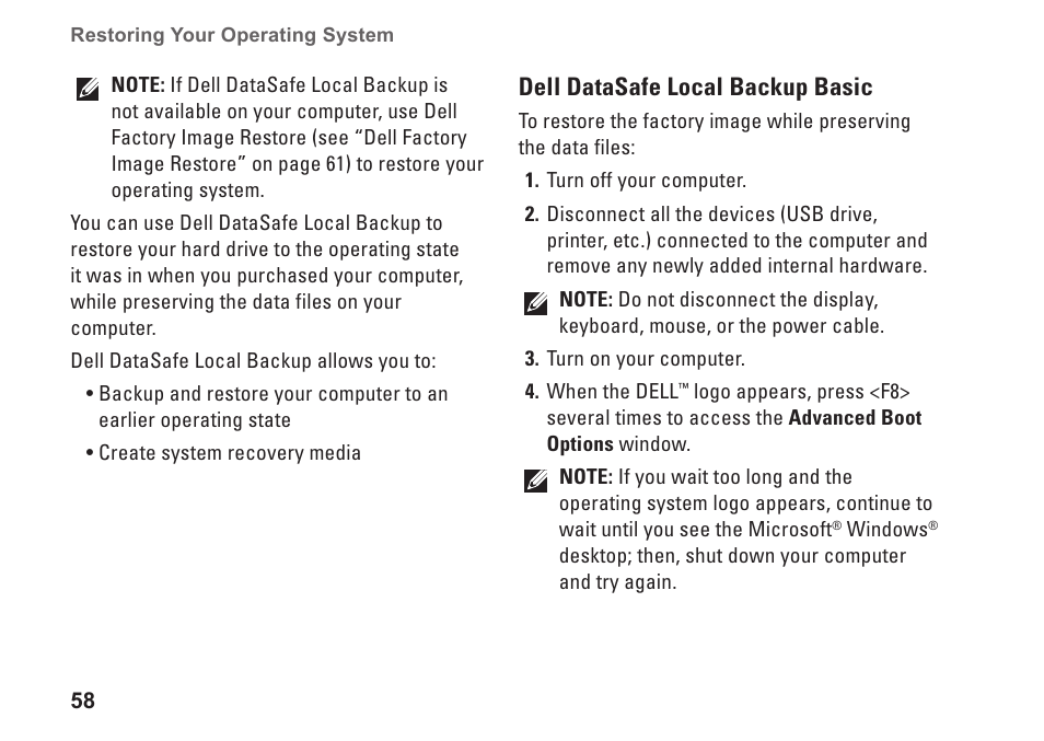 Dell datasafe local backup basic | Dell Inspiron 13 (N3010, Mid 2010) User Manual | Page 60 / 90