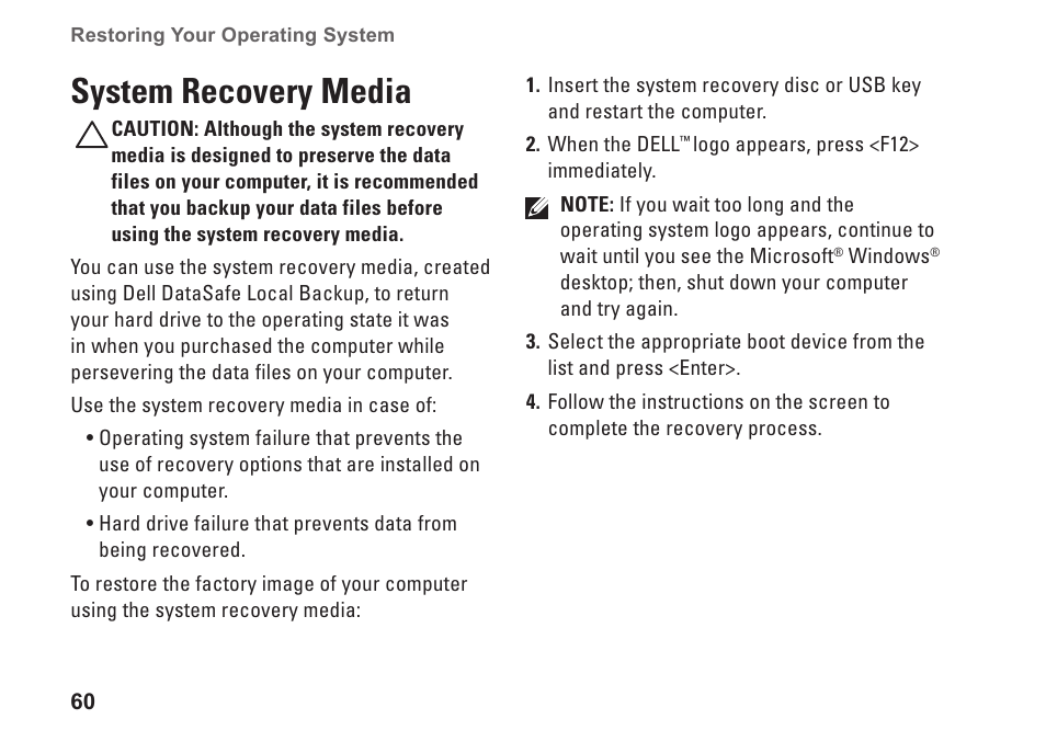 System recovery media | Dell Inspiron 13 (N3010, Mid 2010) User Manual | Page 62 / 90