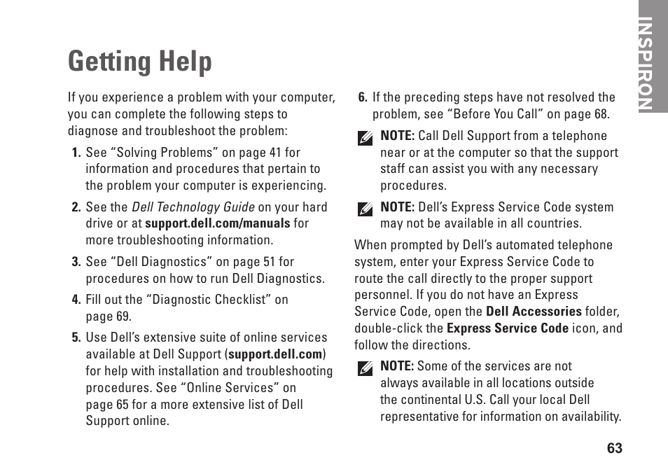 Getting help, Inspiron | Dell Inspiron 13 (N3010, Mid 2010) User Manual | Page 65 / 90