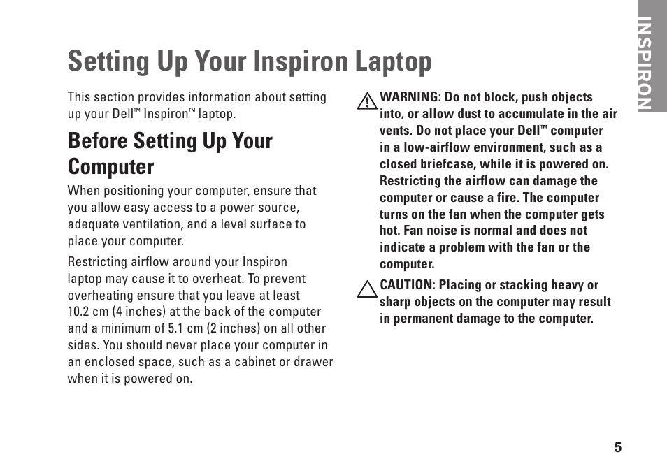 Setting up your inspiron laptop, Before setting up your computer, Inspiron | Dell Inspiron 13 (N3010, Mid 2010) User Manual | Page 7 / 90