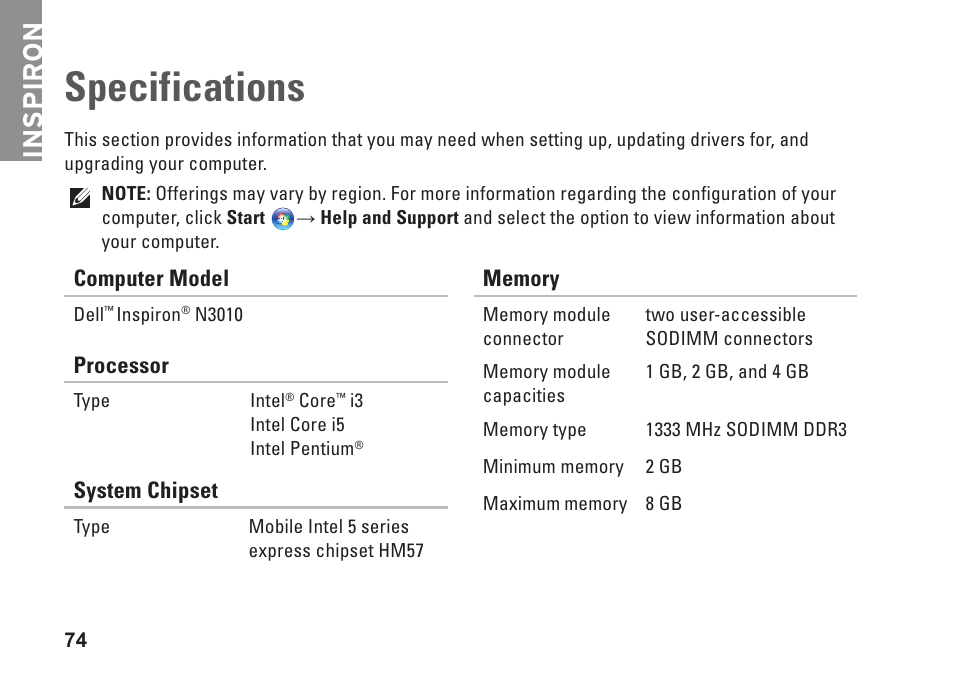 Specifications, Inspiron | Dell Inspiron 13 (N3010, Mid 2010) User Manual | Page 76 / 90