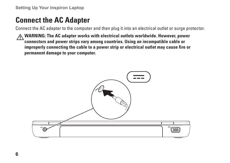 Connect the ac adapter | Dell Inspiron 13 (N3010, Mid 2010) User Manual | Page 8 / 90