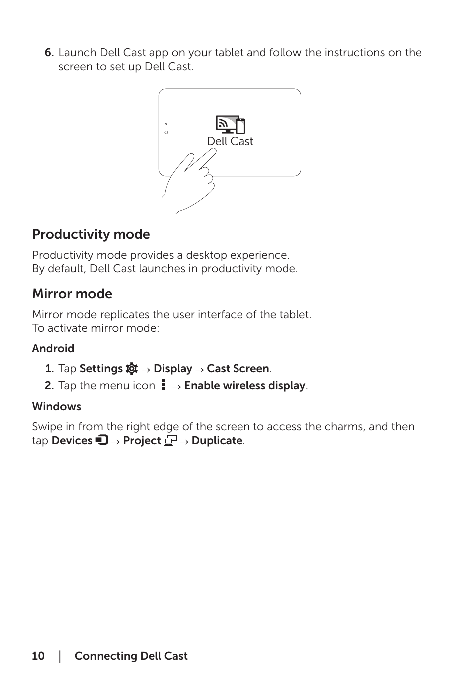 Productivity mode, Mirror mode, Android | Windows, Productivity mode mirror mode | Dell Cast User Manual | Page 10 / 16