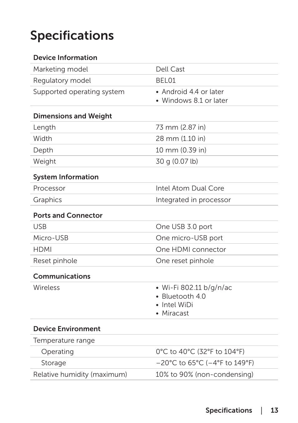 Specifications | Dell Cast User Manual | Page 13 / 16