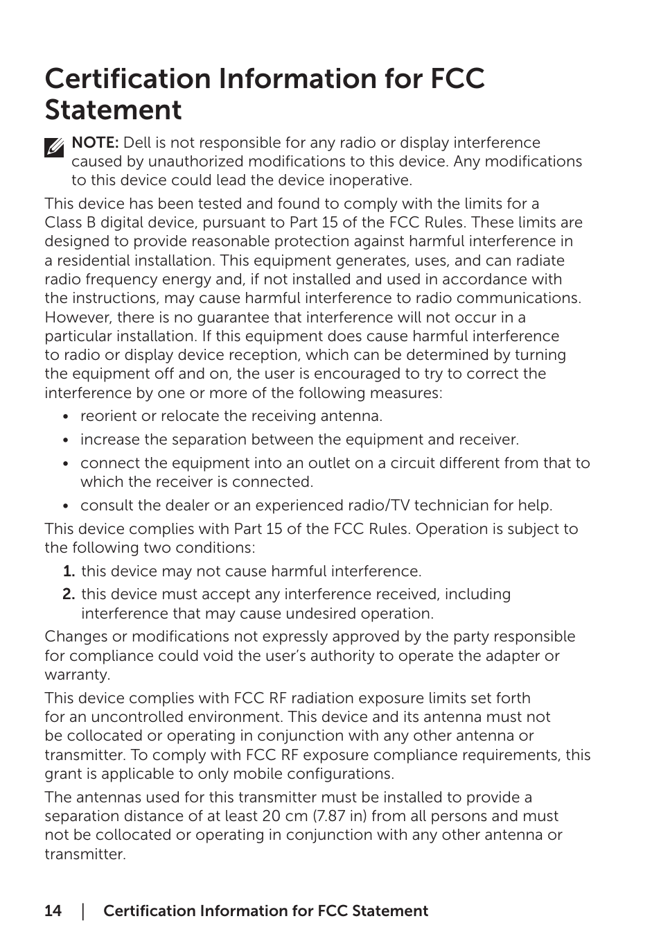 Certification information for fcc statement | Dell Cast User Manual | Page 14 / 16