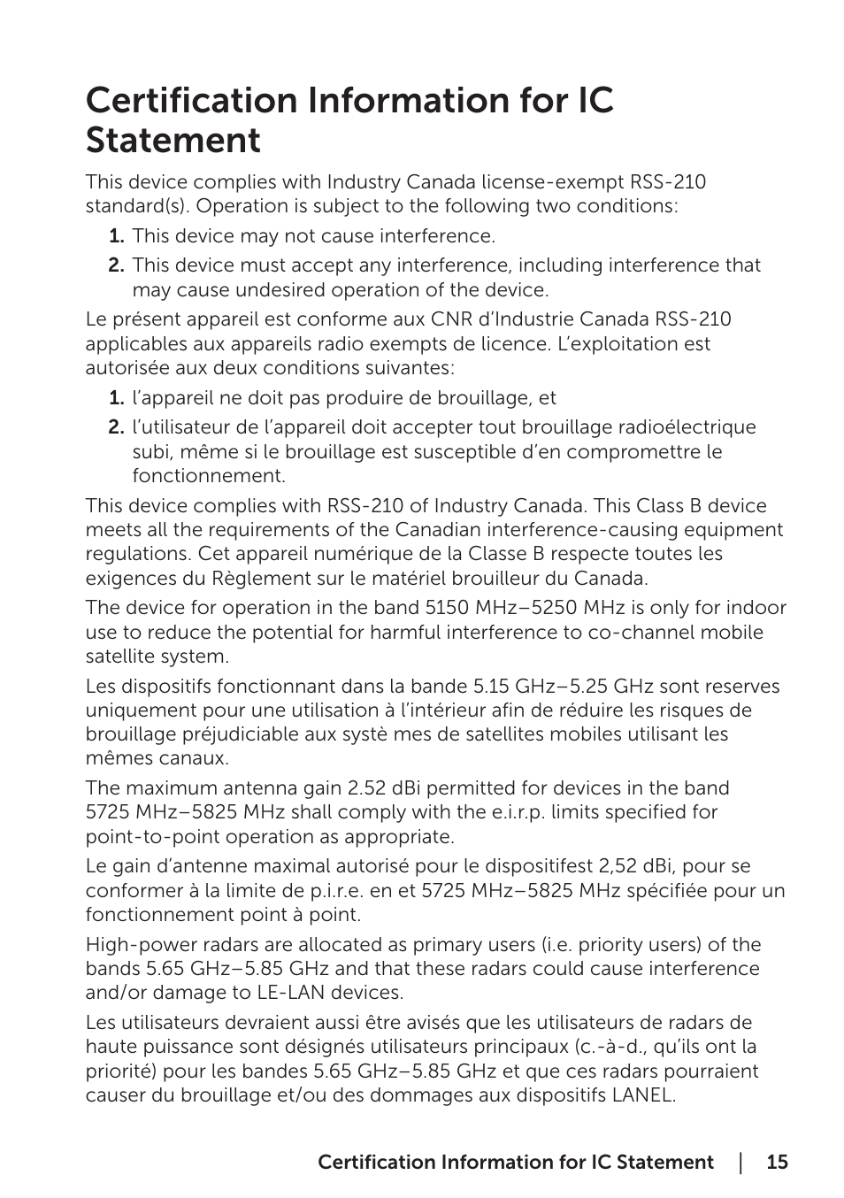 Certification information for ic statement | Dell Cast User Manual | Page 15 / 16