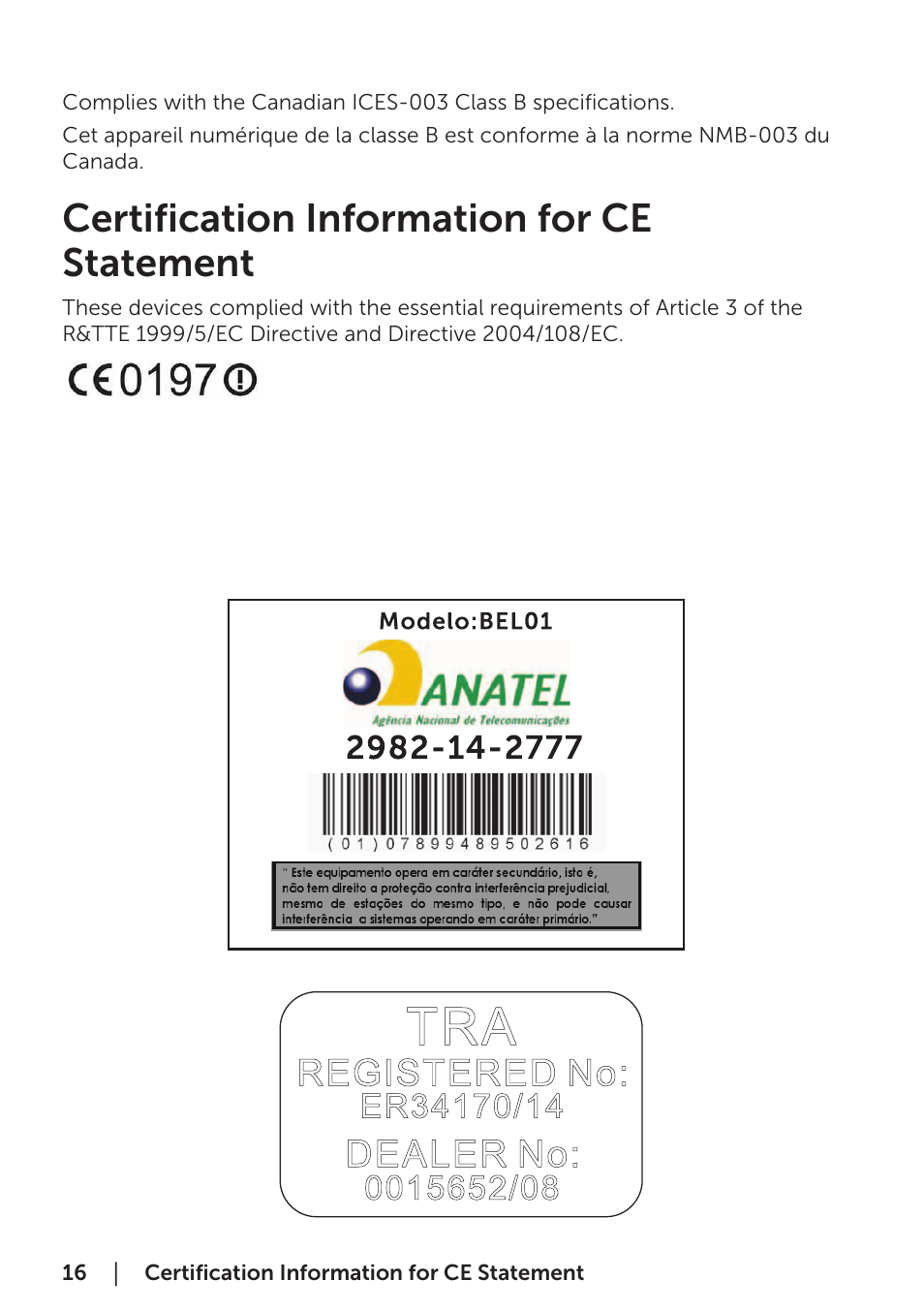 Certification information for ce statement | Dell Cast User Manual | Page 16 / 16