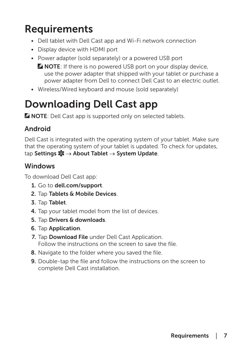 Requirements, Downloading dell cast app, Android | Windows, Requirements downloading dell cast app, Android windows | Dell Cast User Manual | Page 7 / 16