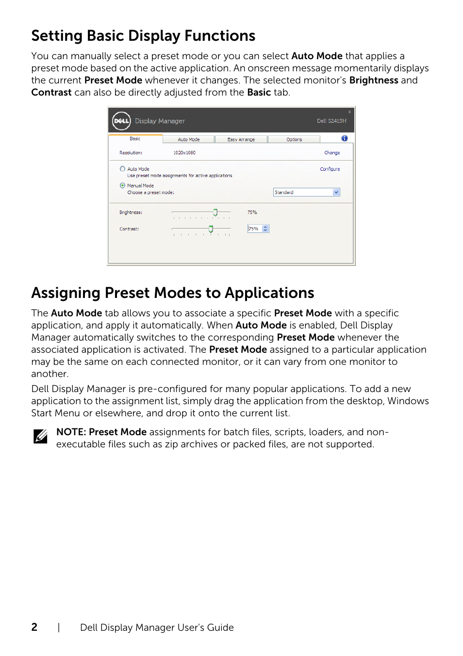 Assigning preset modes to applications, Setting basic display functions | Dell S2415H Monitor User Manual | Page 2 / 4