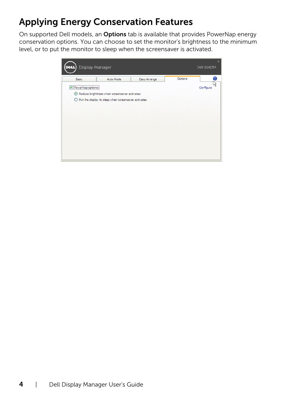 Applying energy conservation features | Dell S2415H Monitor User Manual | Page 4 / 4