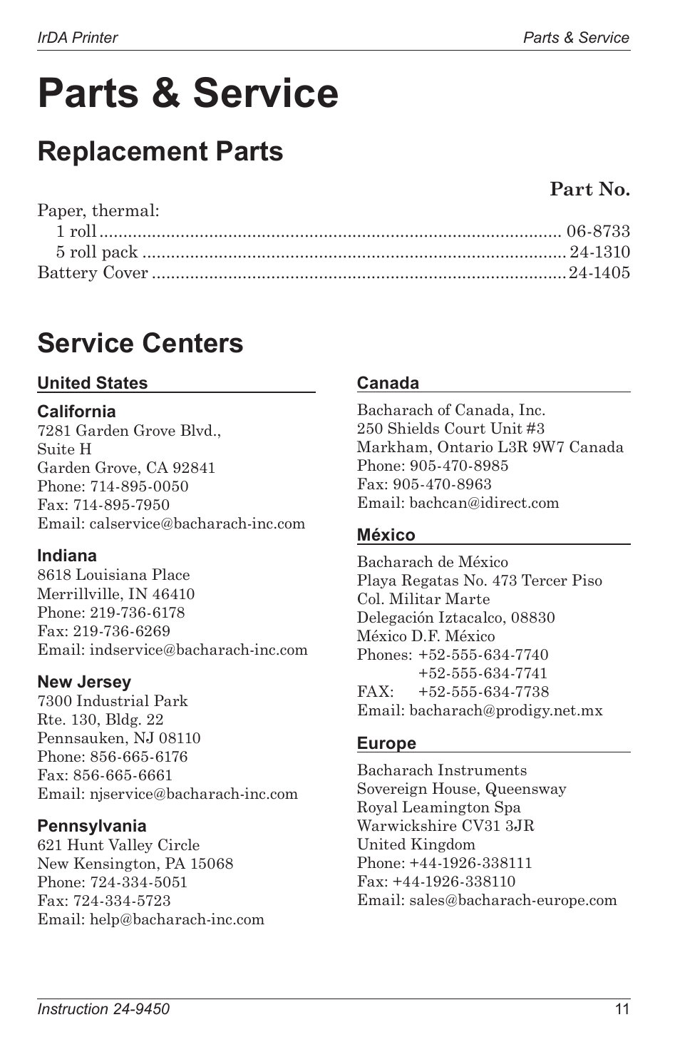 Parts & service, Replacement parts, Service centers | Bacharach Infrared Printer User Manual | Page 15 / 16