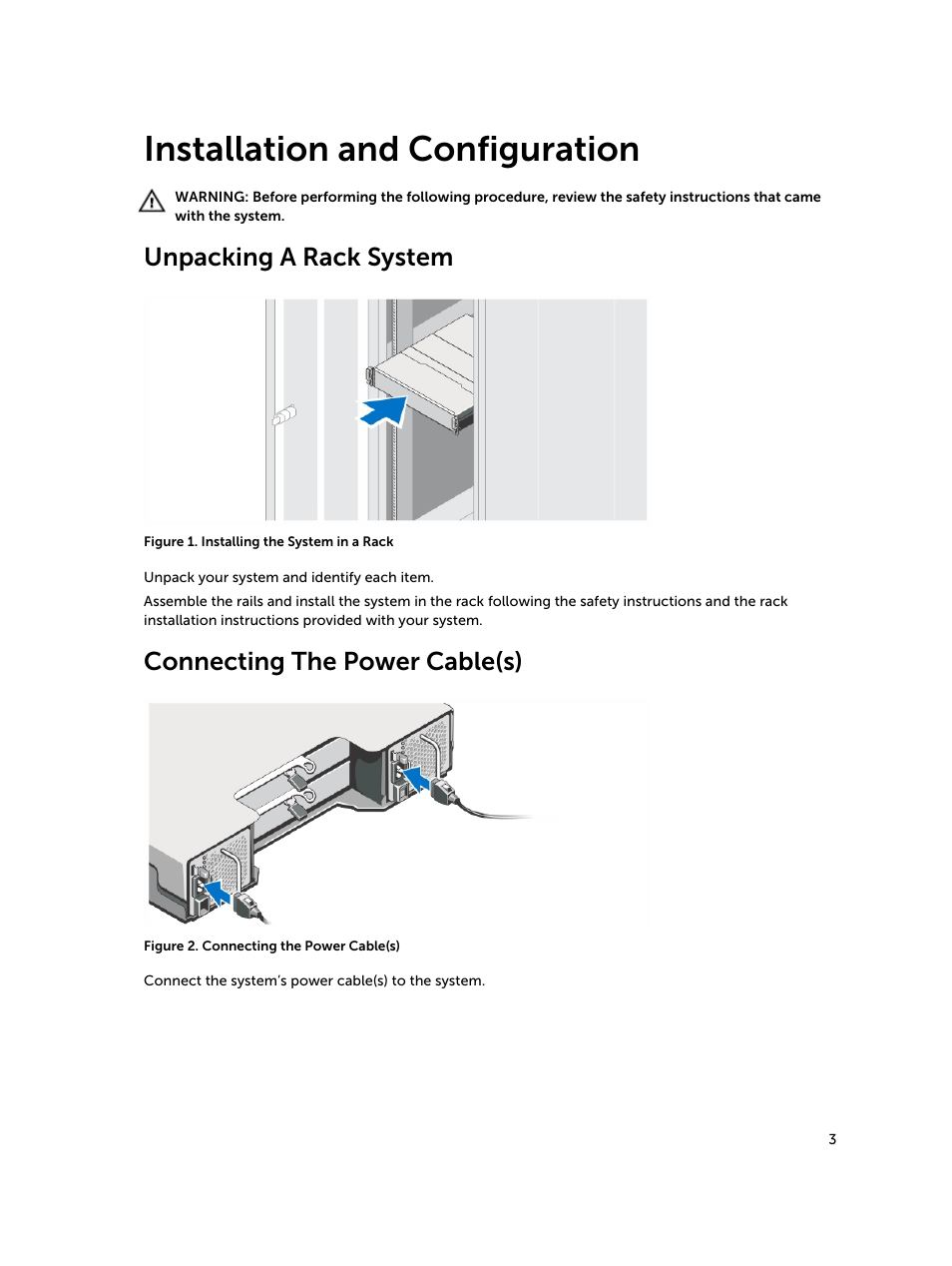 Installation and configuration, Unpacking a rack system, Connecting the power cable(s) | Dell PowerVault MD3800f User Manual | Page 3 / 8