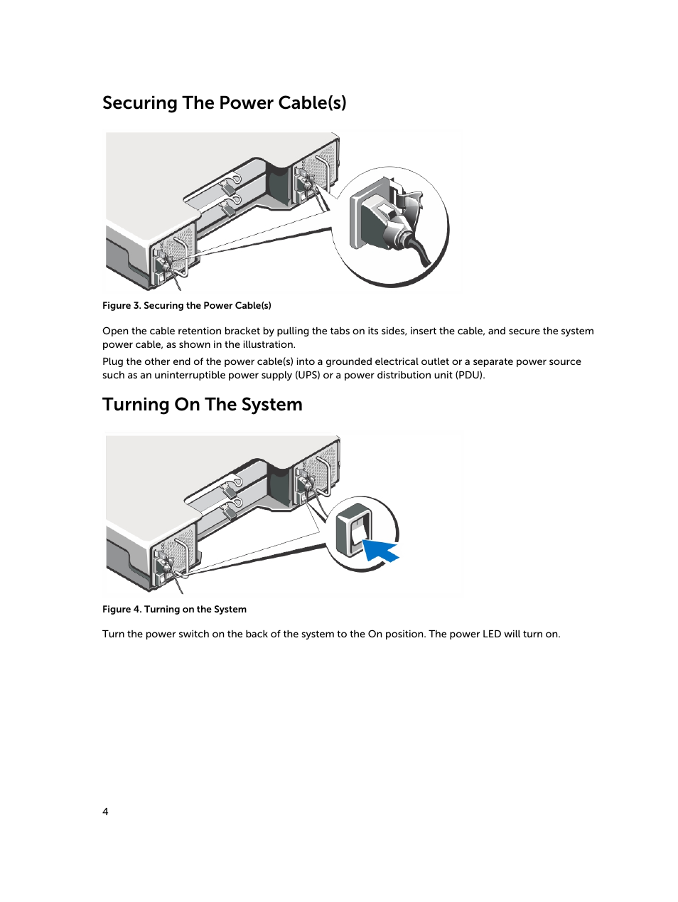 Securing the power cable(s), Turning on the system | Dell PowerVault MD3800f User Manual | Page 4 / 8