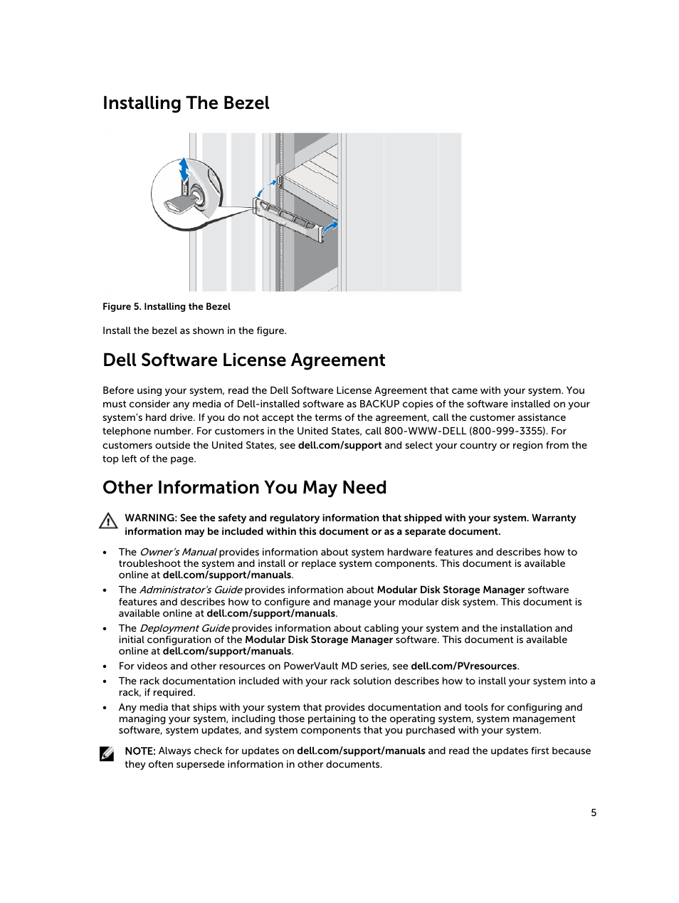 Installing the bezel, Dell software license agreement, Other information you may need | Dell PowerVault MD3800f User Manual | Page 5 / 8