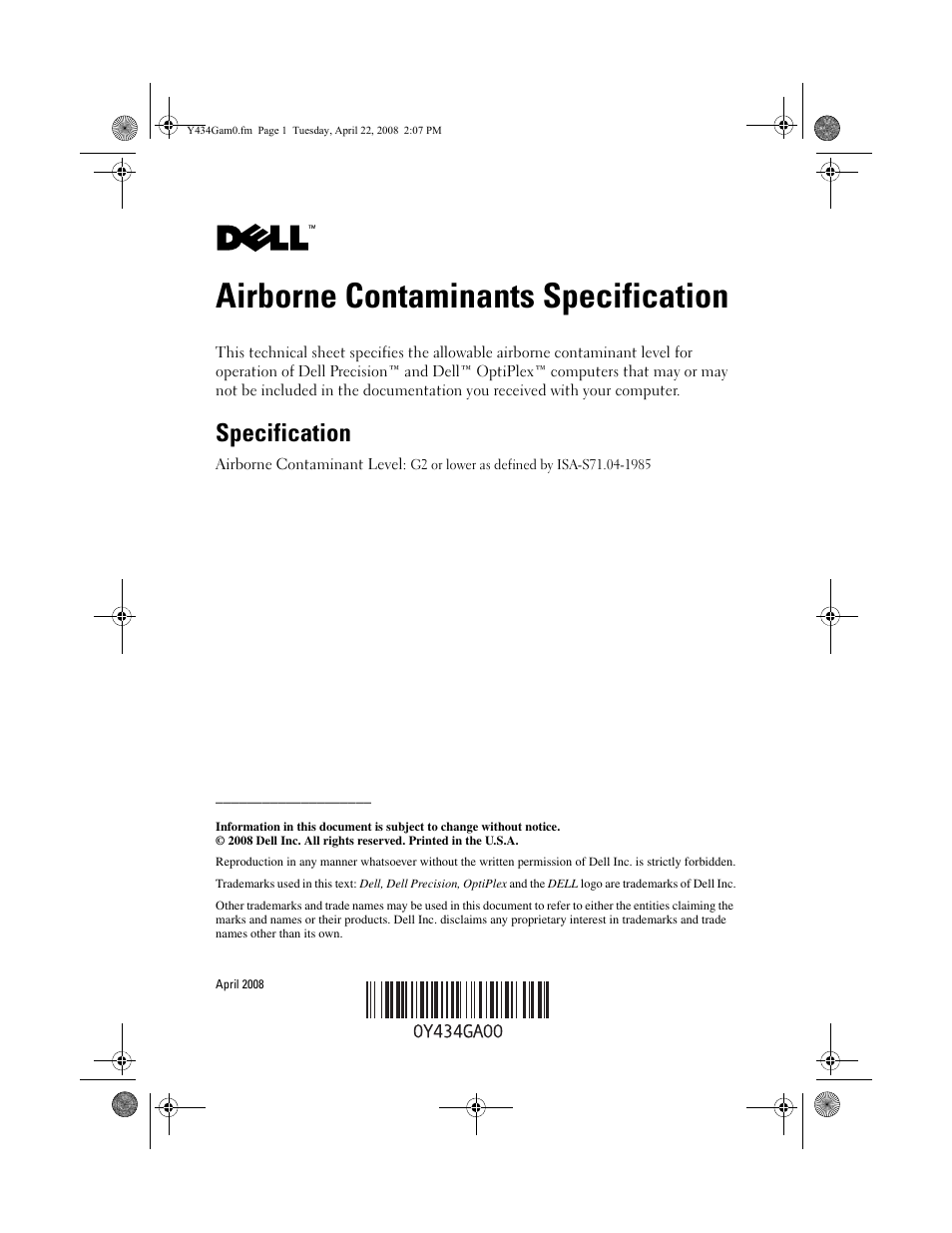 Dell Precision T5400 (Late 2007) User Manual | 1 page