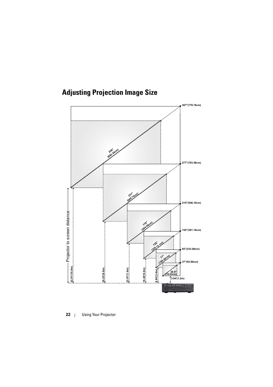 Adjusting projection image size, Projector to screen distance, Using your projector 22 | Dell 1510X Projector User Manual | Page 22 / 80