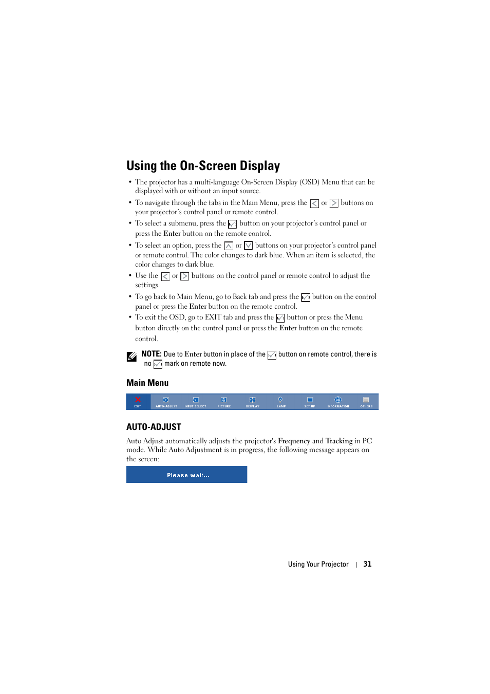 Using the on-screen display, Main menu, Auto-adjust | Dell 1510X Projector User Manual | Page 31 / 80