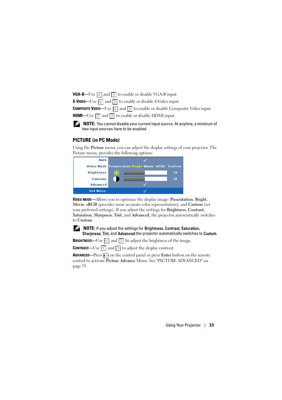 Picture (in pc mode) | Dell 1510X Projector User Manual | Page 33 / 80