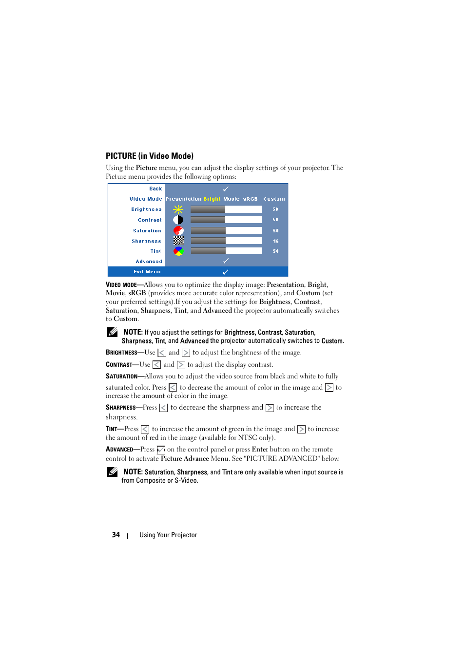 Picture (in video mode) | Dell 1510X Projector User Manual | Page 34 / 80
