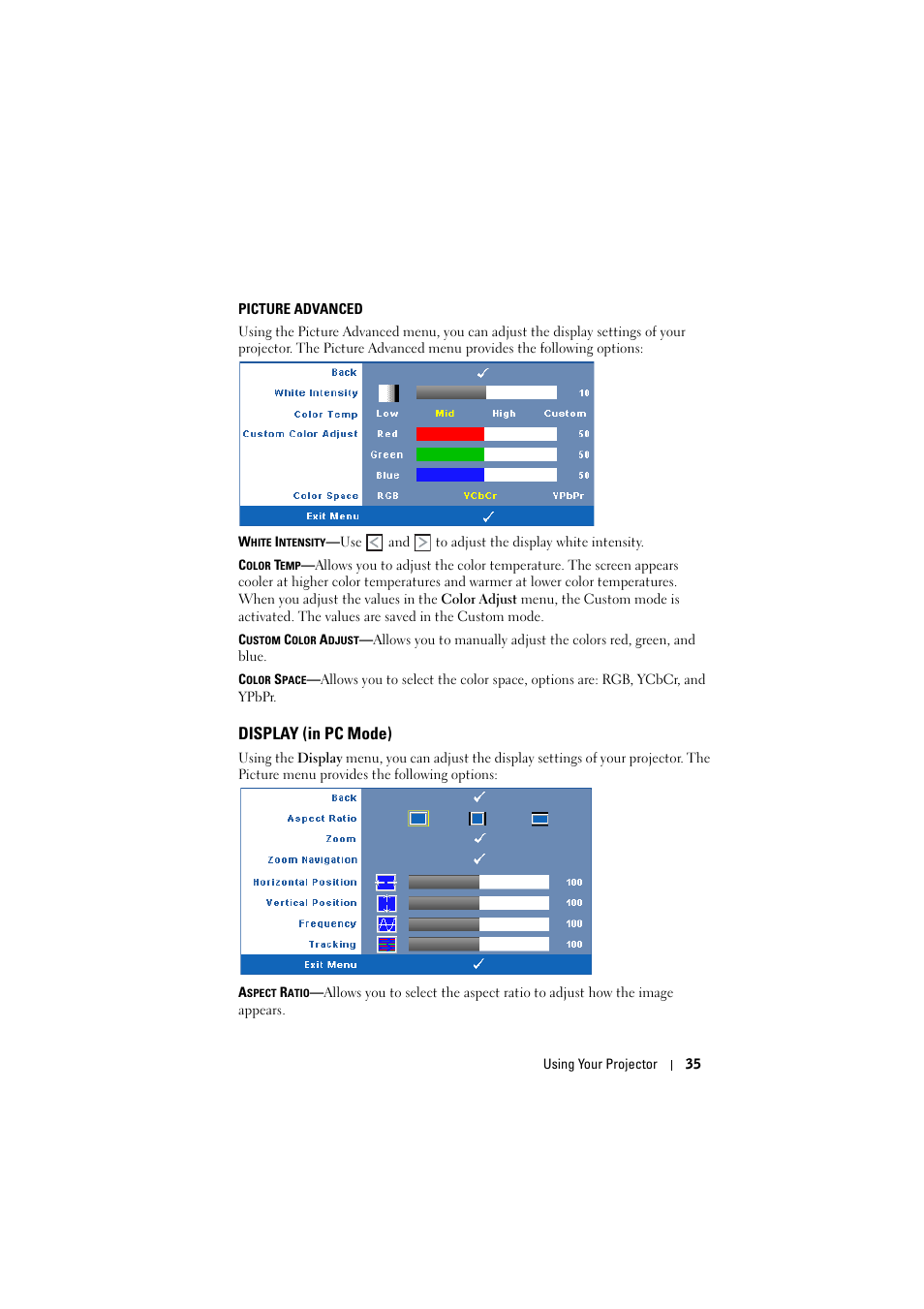 Picture advanced, Display (in pc mode) | Dell 1510X Projector User Manual | Page 35 / 80