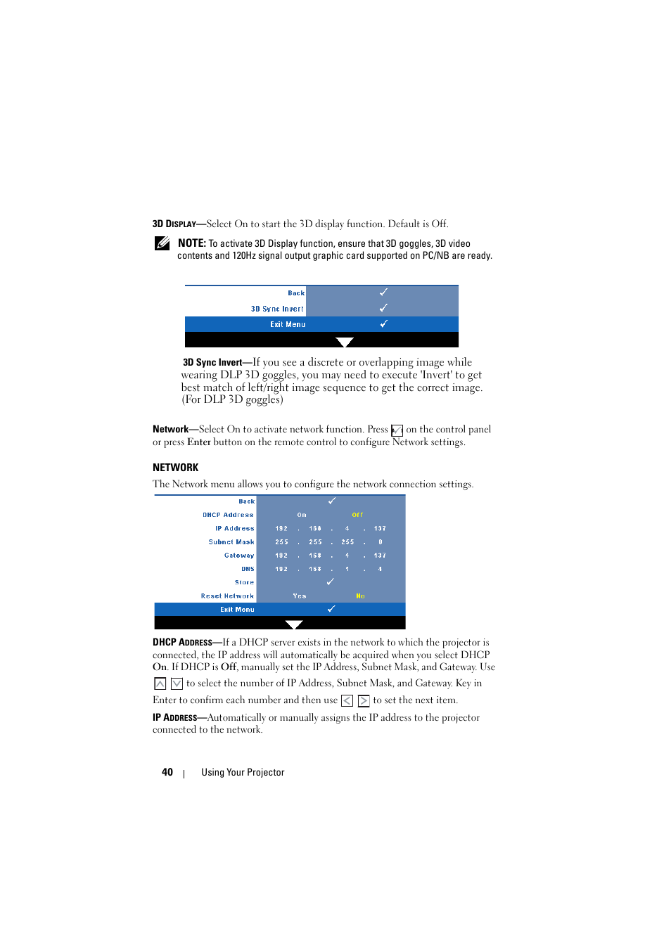 Network | Dell 1510X Projector User Manual | Page 40 / 80