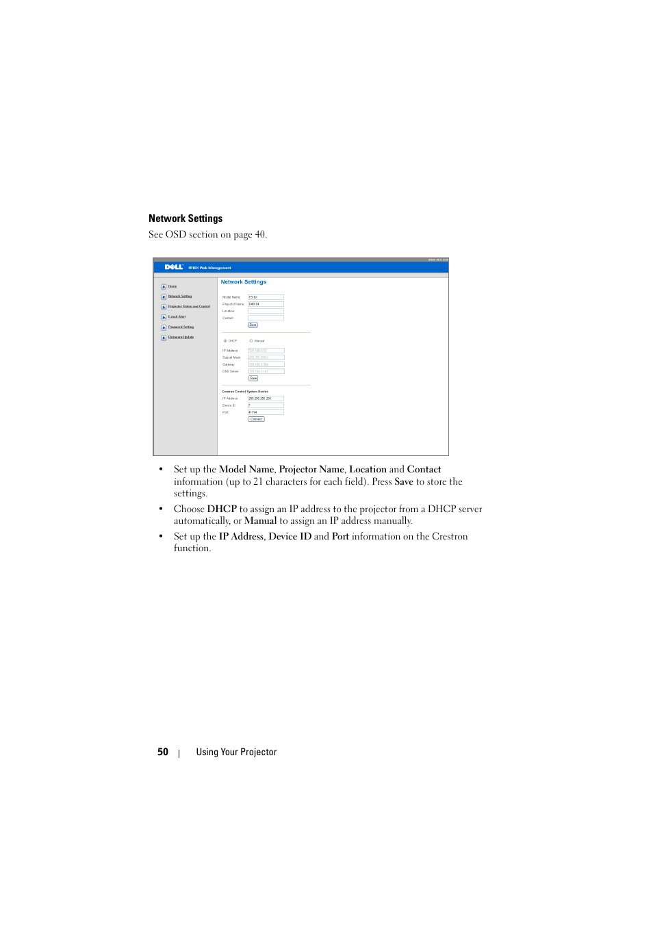 Network settings | Dell 1510X Projector User Manual | Page 50 / 80