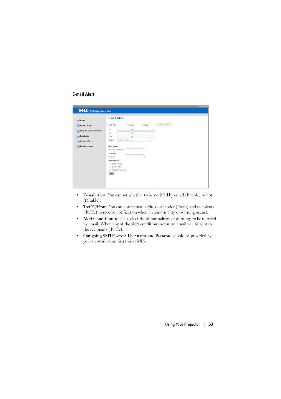 E-mail alert | Dell 1510X Projector User Manual | Page 53 / 80