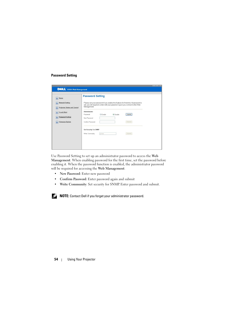 Password setting | Dell 1510X Projector User Manual | Page 54 / 80