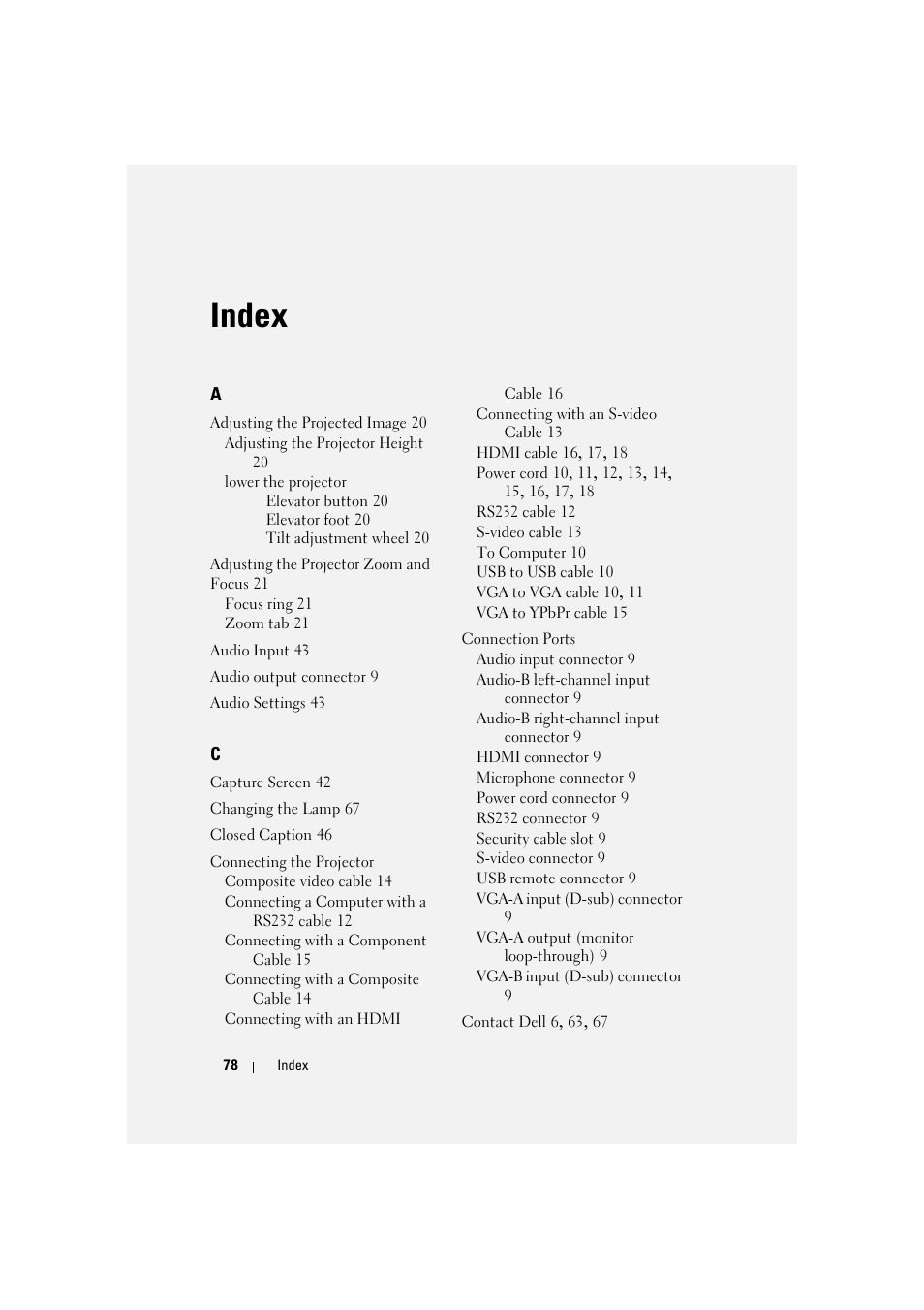 Index | Dell 1510X Projector User Manual | Page 78 / 80