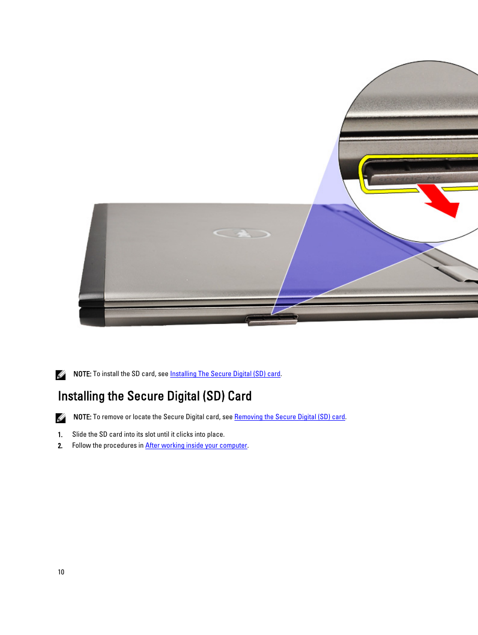 Installing the secure digital (sd) card, Install the, Secure digital (sd) card | Dell Vostro V130 (Late 2010) User Manual | Page 10 / 71