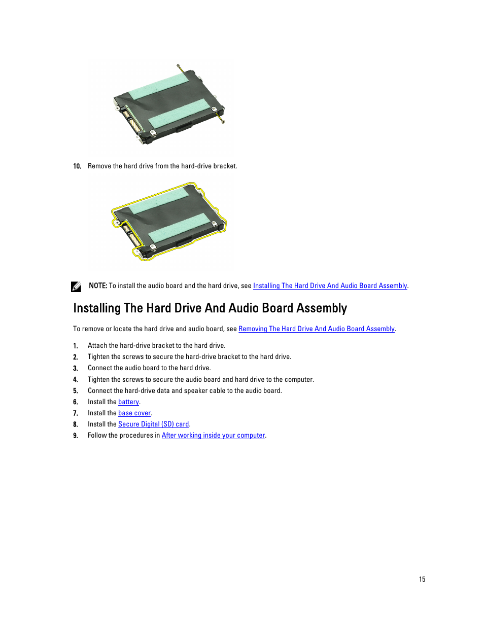 Installing the hard drive and audio board assembly | Dell Vostro V130 (Late 2010) User Manual | Page 15 / 71