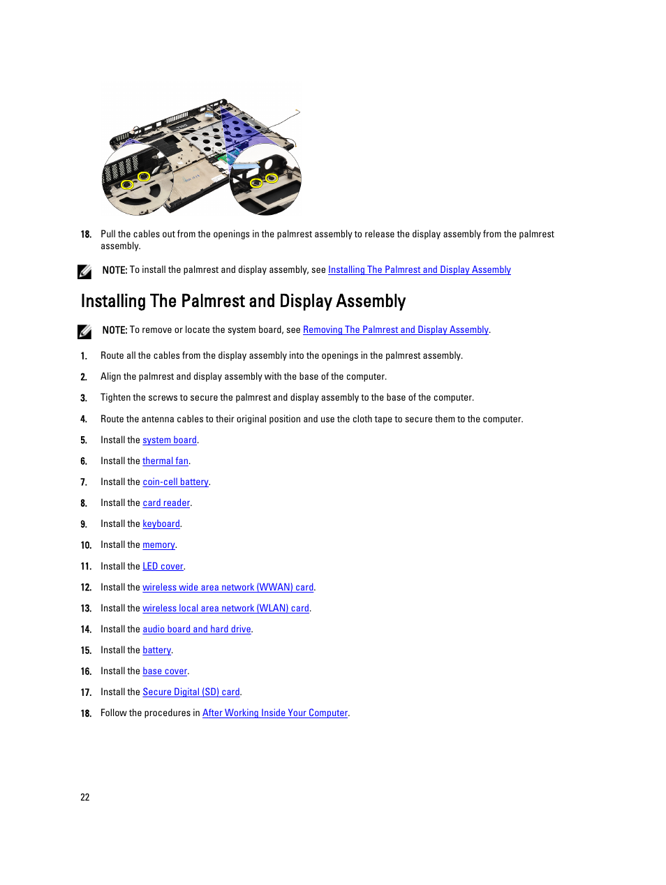 Installing the palmrest and display assembly | Dell Vostro V130 (Late 2010) User Manual | Page 22 / 71