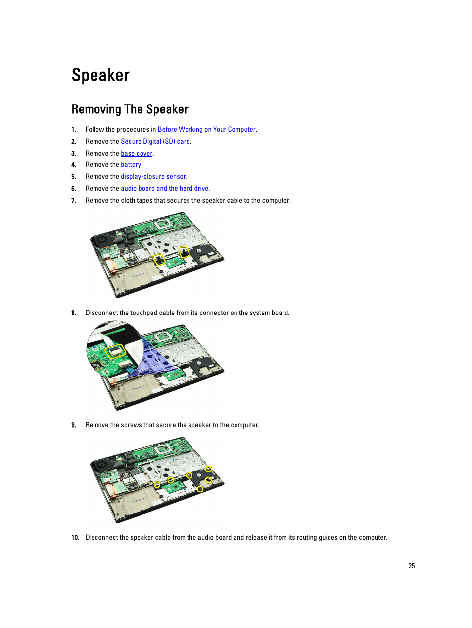 Speaker, Removing the speaker | Dell Vostro V130 (Late 2010) User Manual | Page 25 / 71