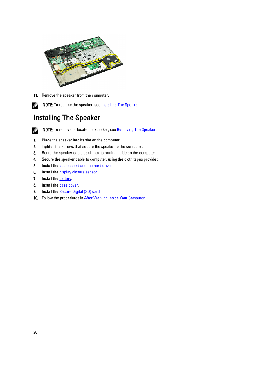 Installing the speaker | Dell Vostro V130 (Late 2010) User Manual | Page 26 / 71