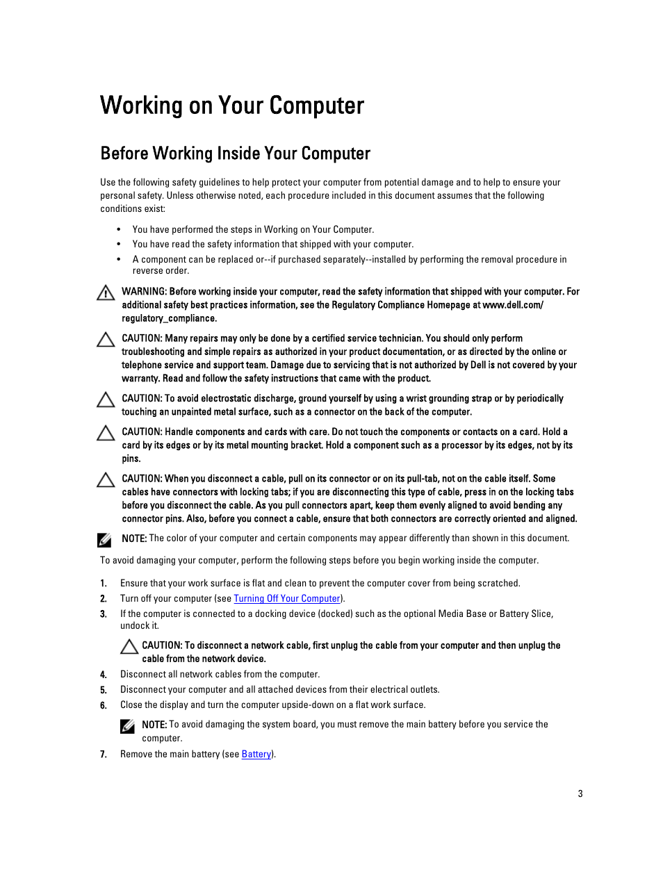 Working on your computer, Before working inside your computer | Dell Vostro V130 (Late 2010) User Manual | Page 3 / 71