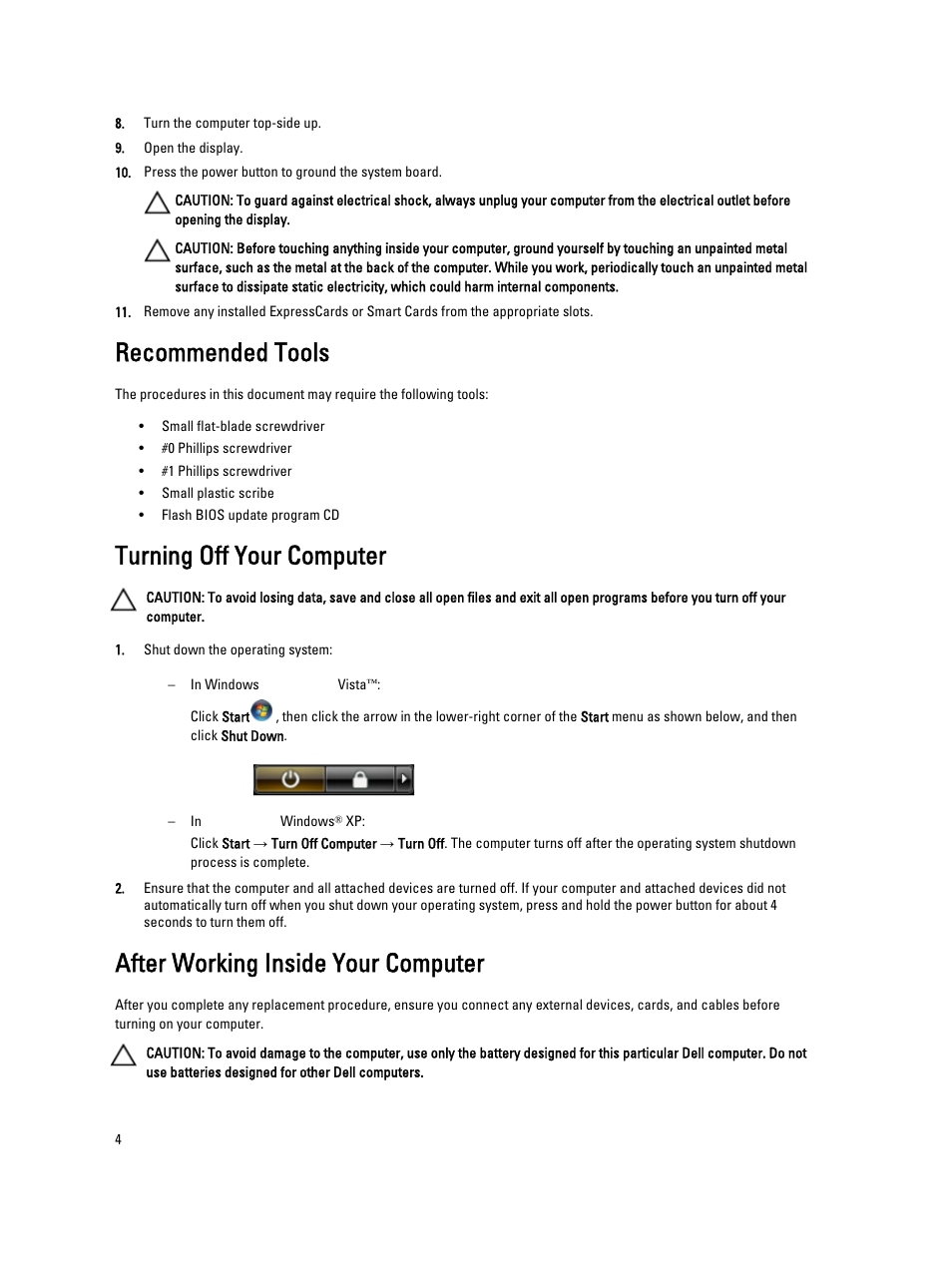 Recommended tools, Turning off your computer, After working inside your computer | Dell Vostro V130 (Late 2010) User Manual | Page 4 / 71