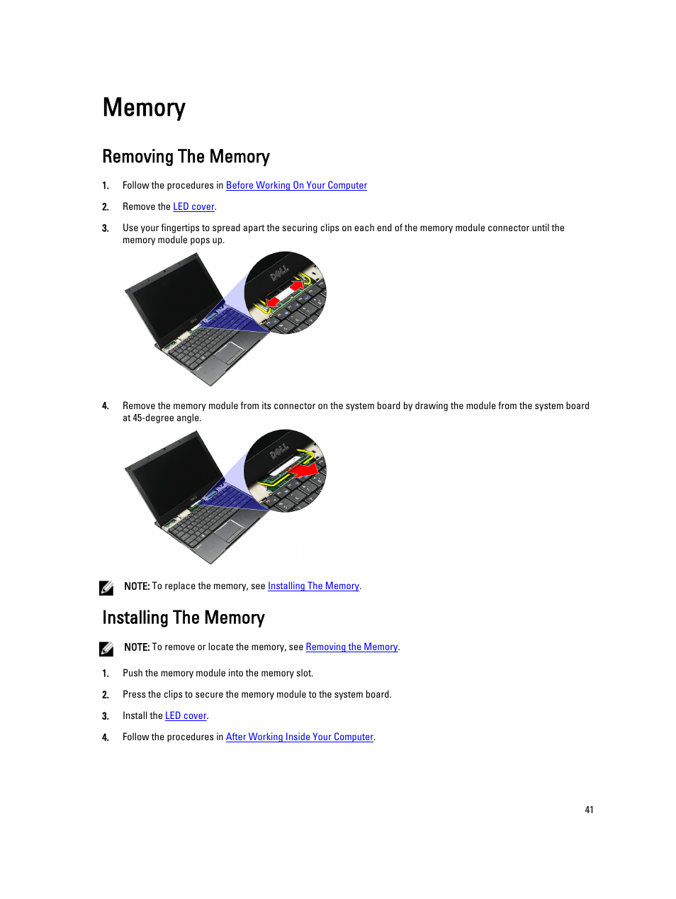 Memory, Removing the memory, Installing the memory | Install the | Dell Vostro V130 (Late 2010) User Manual | Page 41 / 71