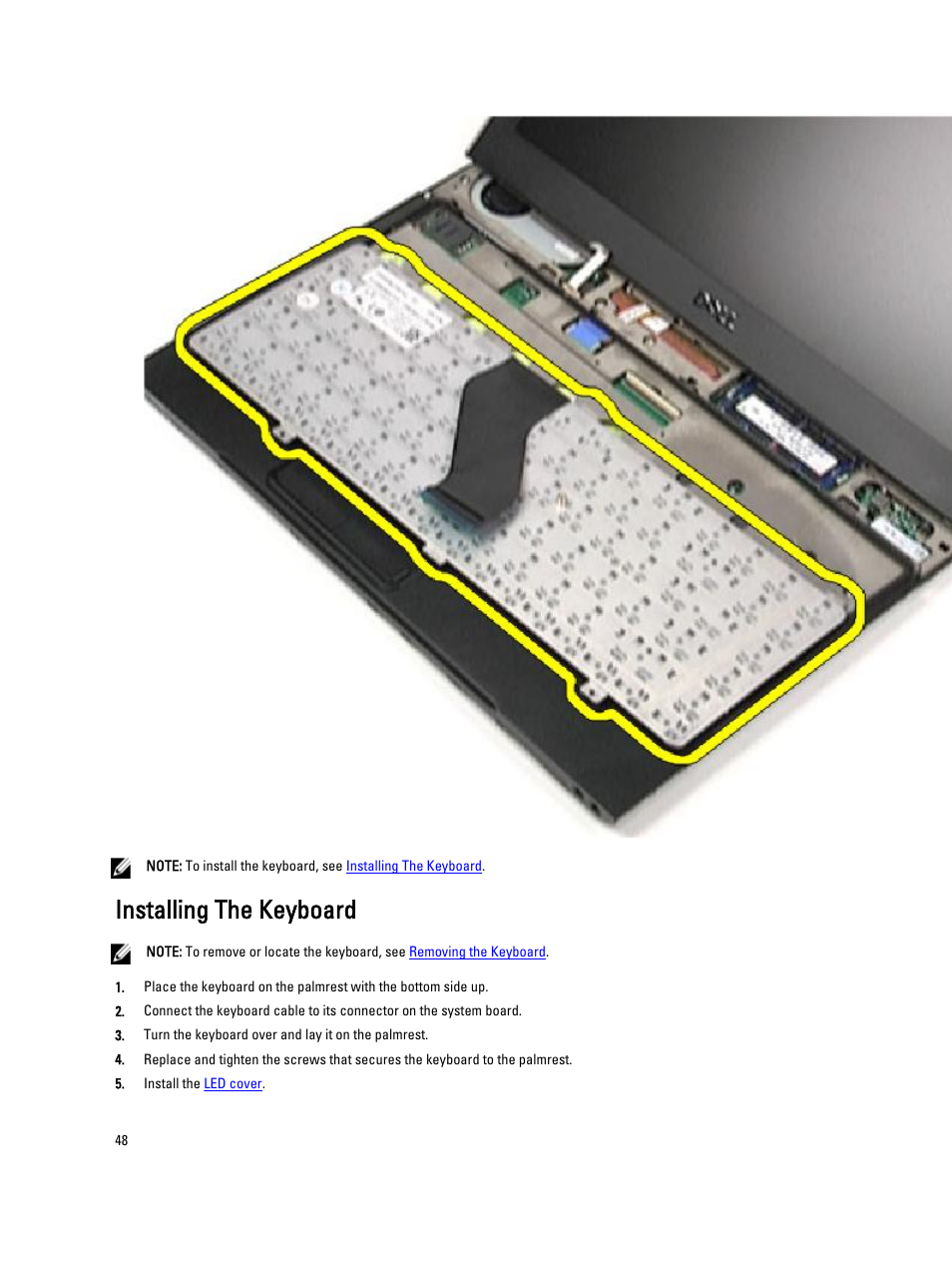 Installing the keyboard, Install the, Keyboard | Dell Vostro V130 (Late 2010) User Manual | Page 48 / 71