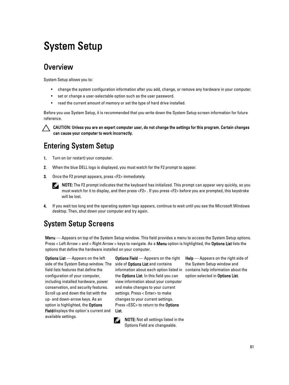 System setup, Overview, Entering system setup | System setup screens | Dell Vostro V130 (Late 2010) User Manual | Page 61 / 71