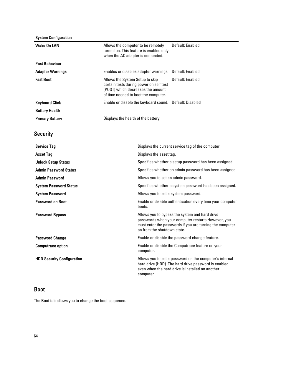 Security, Boot | Dell Vostro V130 (Late 2010) User Manual | Page 64 / 71