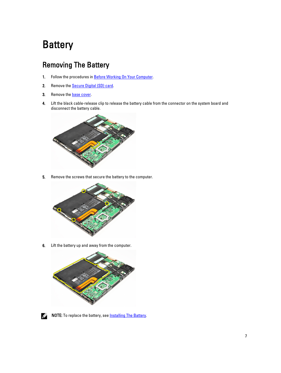 Battery, Removing the battery | Dell Vostro V130 (Late 2010) User Manual | Page 7 / 71