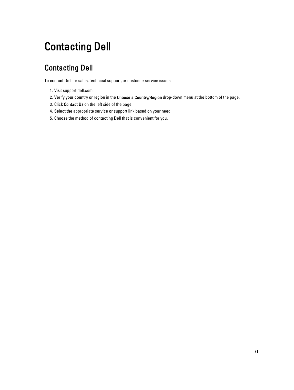 Contacting dell | Dell Vostro V130 (Late 2010) User Manual | Page 71 / 71