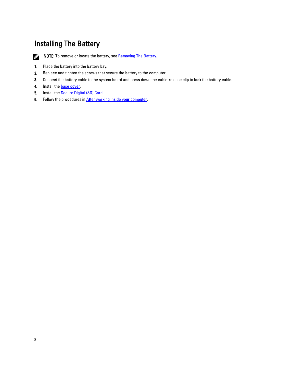 Installing the battery | Dell Vostro V130 (Late 2010) User Manual | Page 8 / 71
