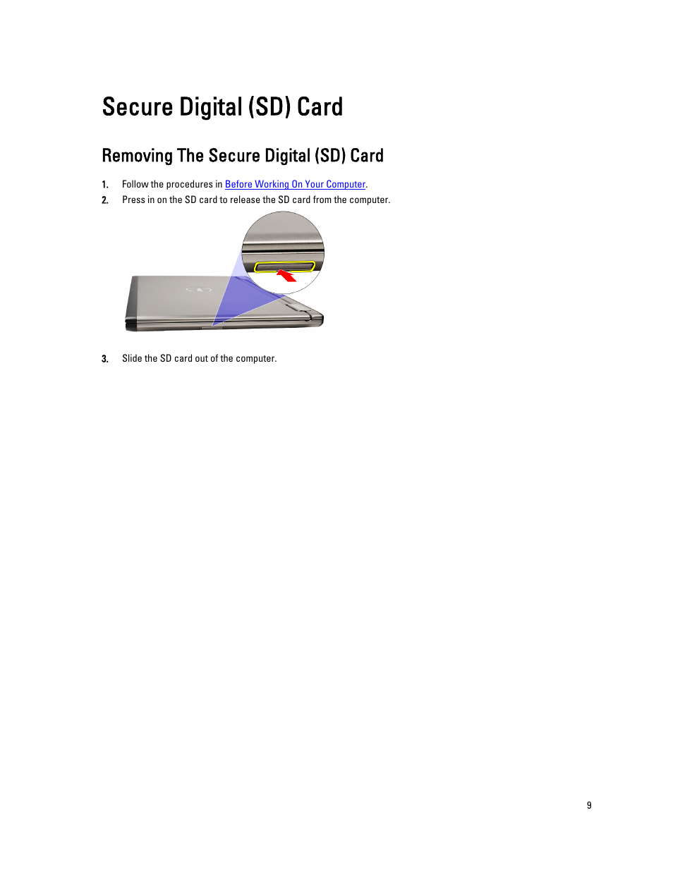 Secure digital (sd) card, Removing the secure digital (sd) card | Dell Vostro V130 (Late 2010) User Manual | Page 9 / 71