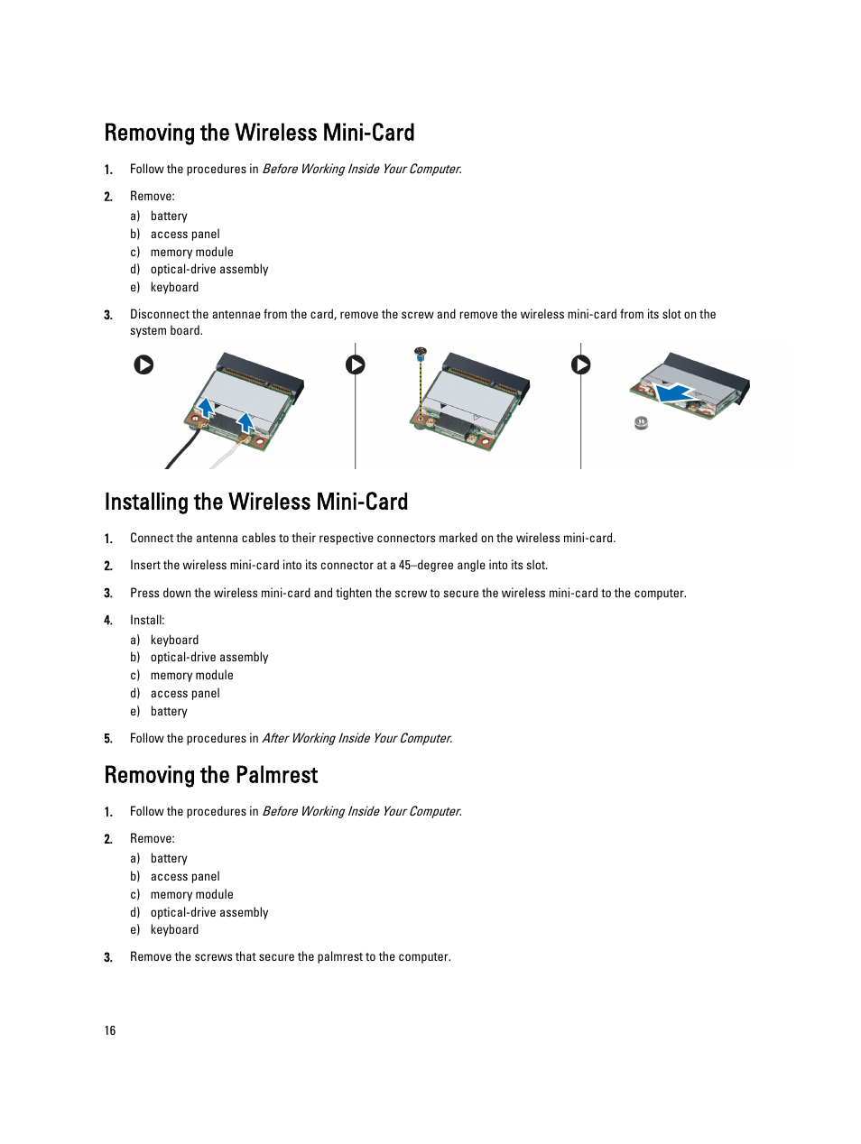 Removing the wireless mini-card, Installing the wireless mini-card, Removing the palmrest | Dell Vostro 2521 (Early 2013) User Manual | Page 16 / 53