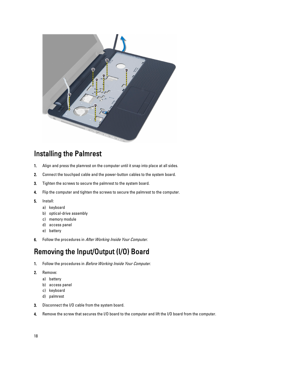 Installing the palmrest, Removing the input/output (i/o) board | Dell Vostro 2521 (Early 2013) User Manual | Page 18 / 53