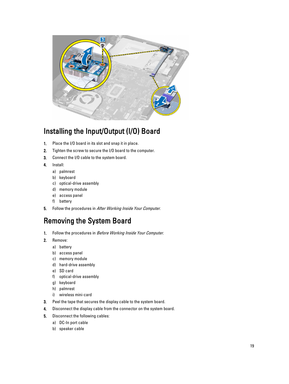 Installing the input/output (i/o) board, Removing the system board | Dell Vostro 2521 (Early 2013) User Manual | Page 19 / 53