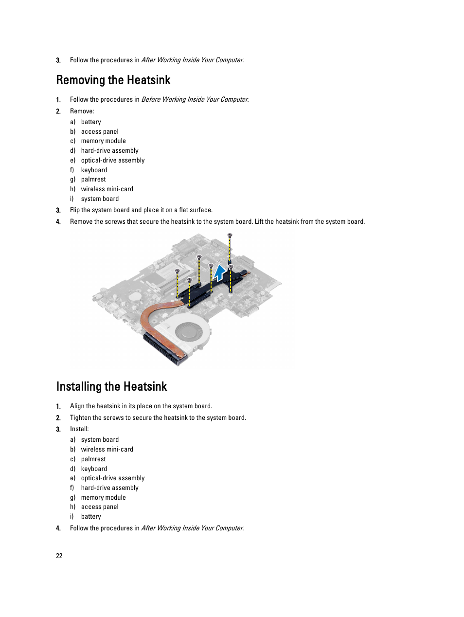 Removing the heatsink, Installing the heatsink | Dell Vostro 2521 (Early 2013) User Manual | Page 22 / 53
