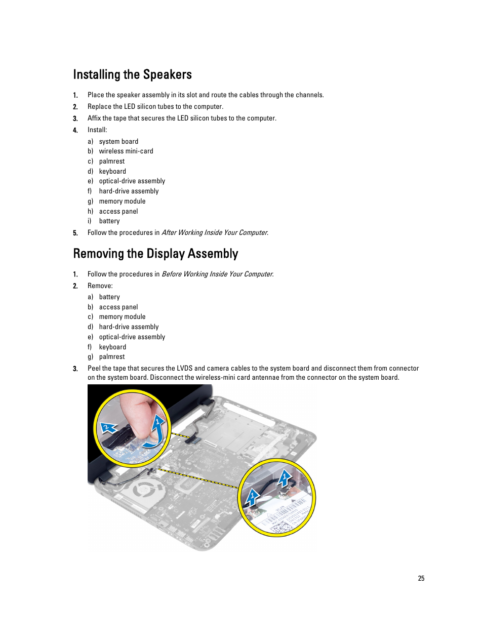 Installing the speakers, Removing the display assembly | Dell Vostro 2521 (Early 2013) User Manual | Page 25 / 53