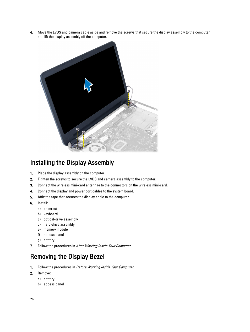 Installing the display assembly, Removing the display bezel | Dell Vostro 2521 (Early 2013) User Manual | Page 26 / 53